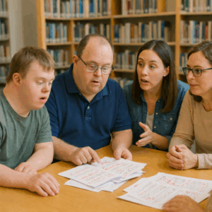 Arbeitsgruppe Leichte Sprache - Das Bild zeigt Menschen mit und ohne Behinderung, die gemeinsam einen Text in Leichter Sprache korrigieren.